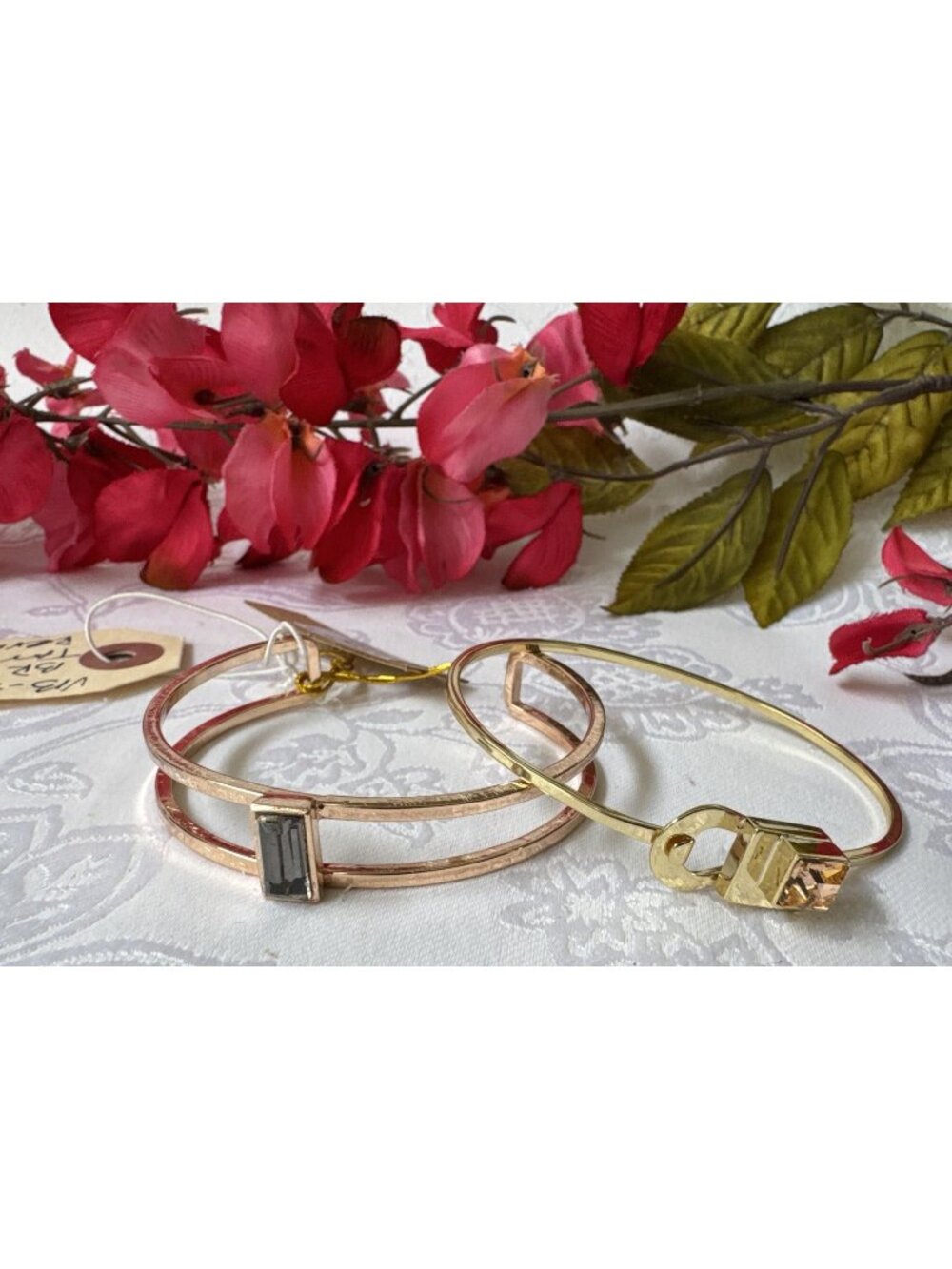 Sequin NYC Brand 2 PC Set Bracelet Rose Gold Tone Thin Cuff Bangle Crystals NEW